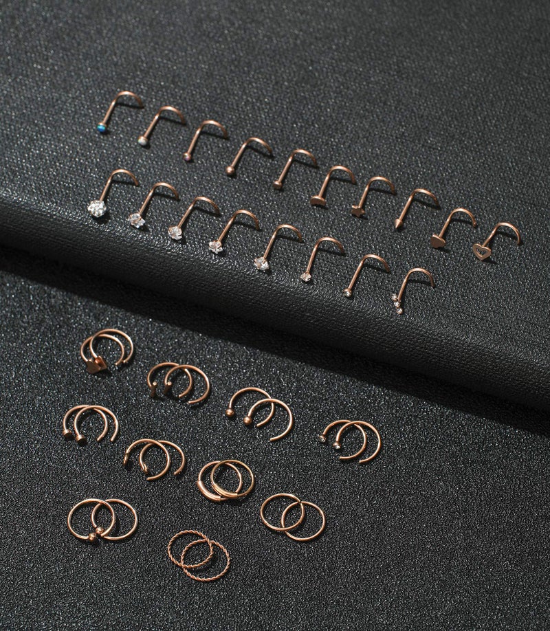 Tornito 20G 38Pcs Stainless Steel Nose Screw Studs Rings CZ Hoop Tragus Cartilage Nose Ring Labret Nose Piercing Jewelry for Men Women (A02:38Pcs, Rose Gold Tone) - Image 5